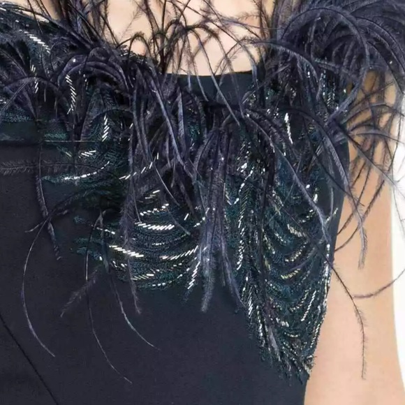 MARCHESA Navy Ostrich Feather Off Shoulder Dress 8 - Picture 7 of 12
